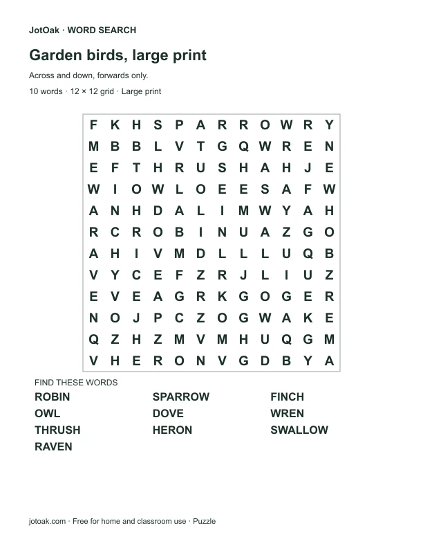 Large print bird word search with ten bird names and generous letter spacing
