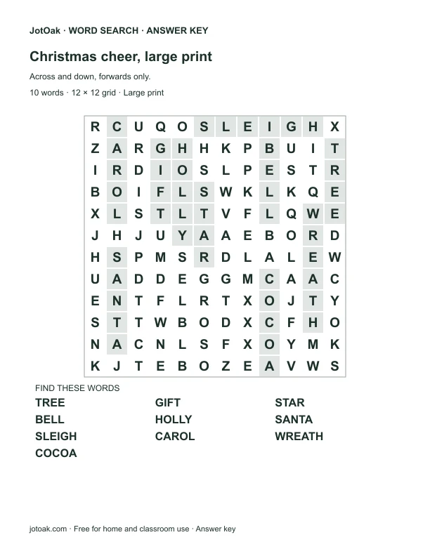 Answer key for Christmas cheer, large print, with every hidden word shaded
