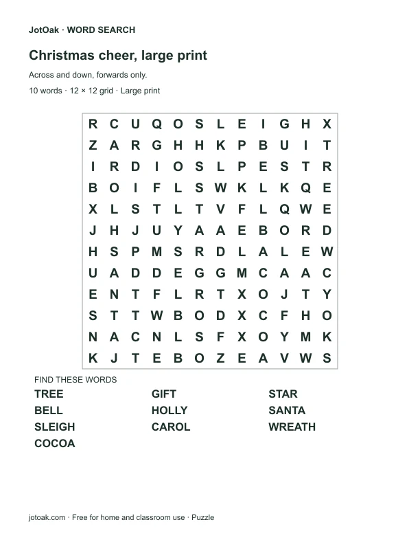 Large print Christmas puzzle with ten festive words and a separate answer key
