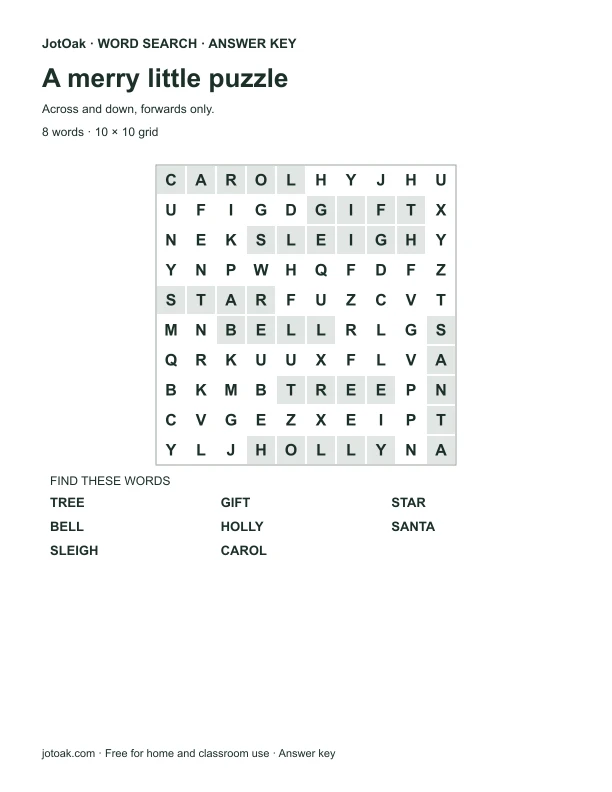 Answer key for A merry little puzzle, with every hidden word shaded