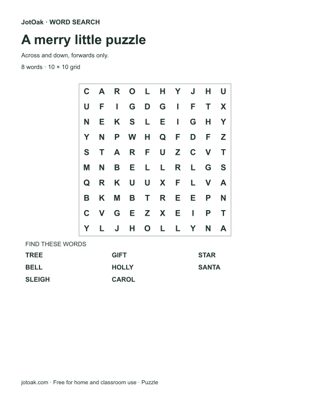 Easy Christmas word search containing tree, gift, star and eight festive words