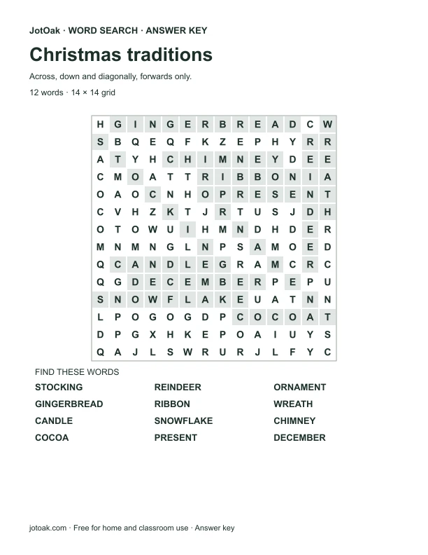 Answer key for Christmas traditions, with every hidden word shaded