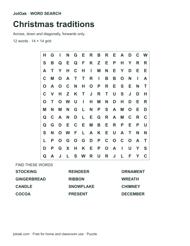 Christmas traditions word search with stocking, gingerbread and twelve words