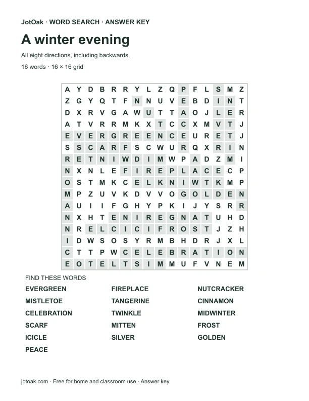 Answer key for A winter evening, with every hidden word shaded