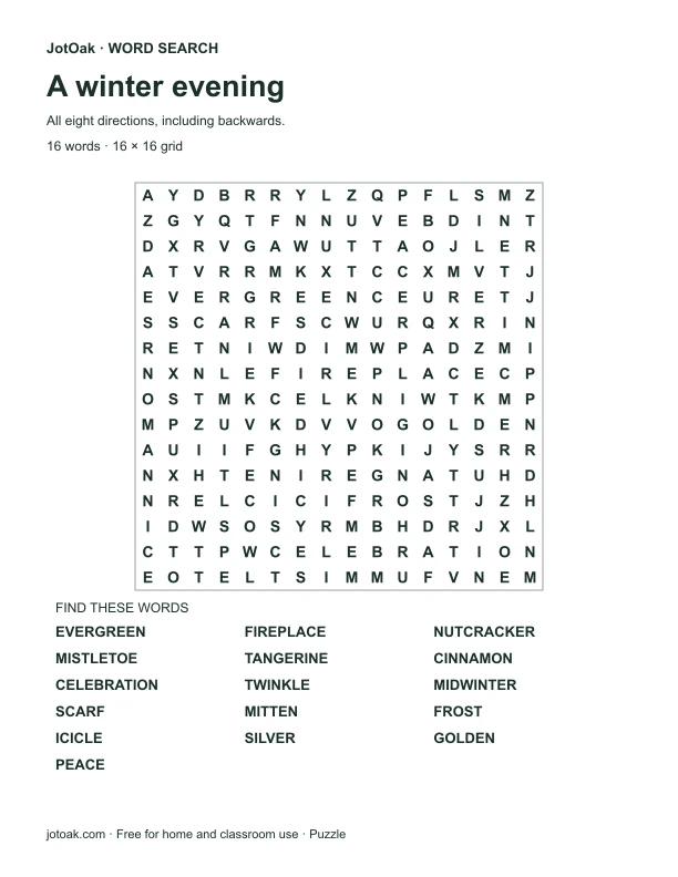 Hard winter and Christmas word search with sixteen words in all directions