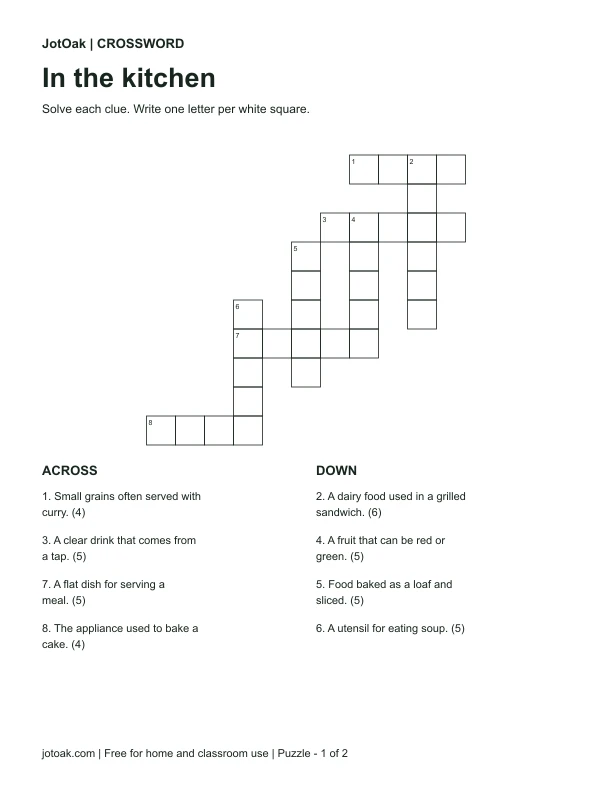 Kitchen crossword with numbered squares and clues about food and utensils
