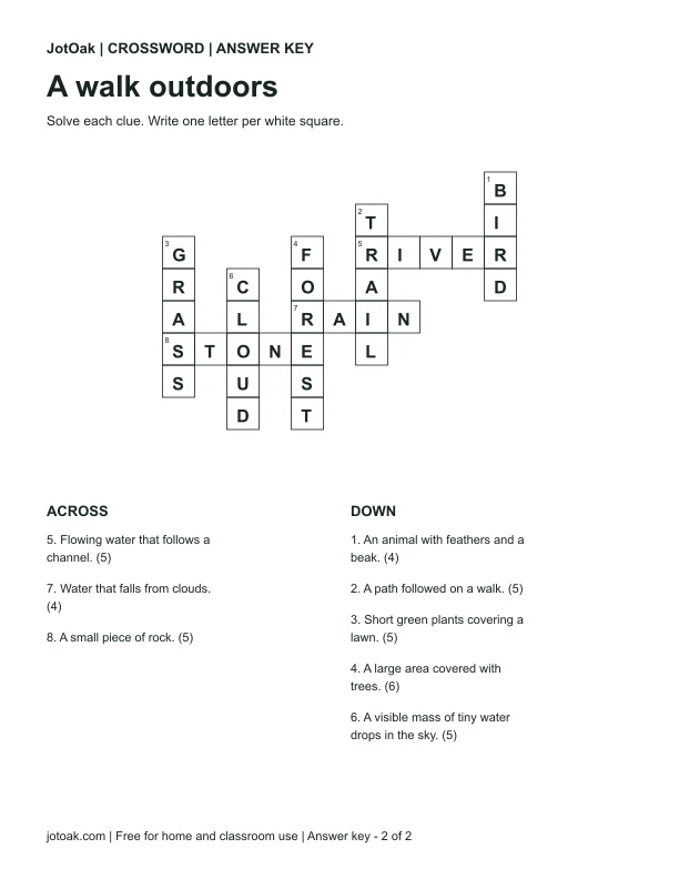 Solution for A walk outdoors, showing the completed letter grid
