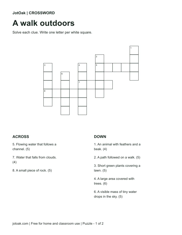 Nature crossword with eight clues and a connected numbered letter grid