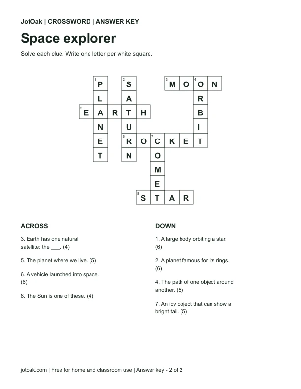 Solution for Space explorer, showing the completed letter grid