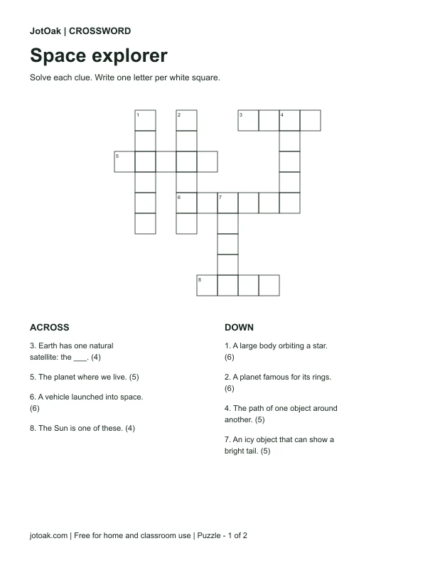 Space crossword with astronomy clues and numbered across and down starts