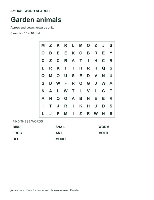 Ten by ten letter grid with bird, snail, worm and other garden animal words