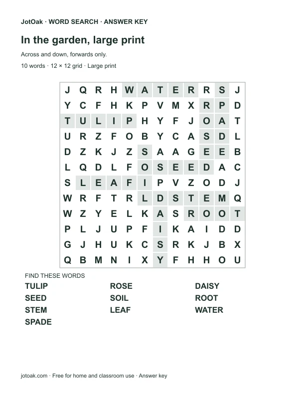 Answer key for In the garden, large print, with every hidden word shaded
