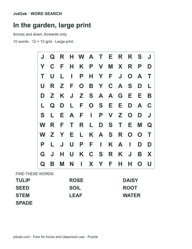 Large letter garden puzzle with tulip, daisy, soil and ten forward-only words