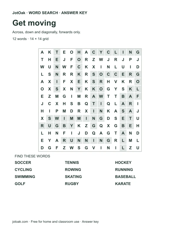 Answer key for Get moving, with every hidden word shaded