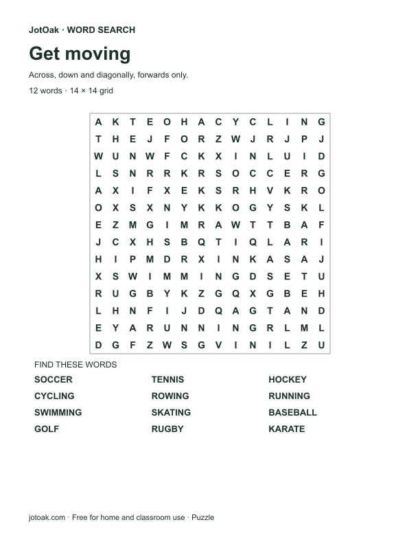 Fourteen by fourteen sports word search with soccer, cycling and swimming words