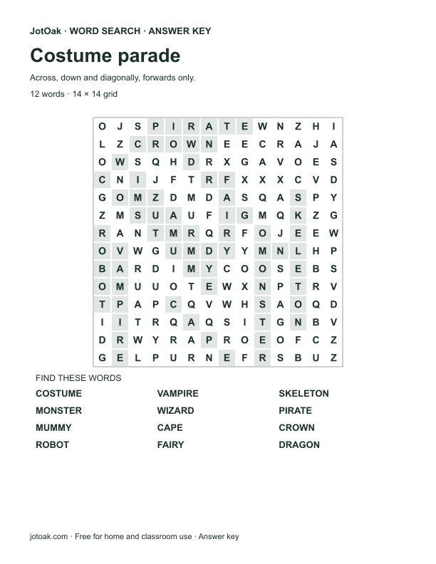 Answer key for Costume parade, with every hidden word shaded