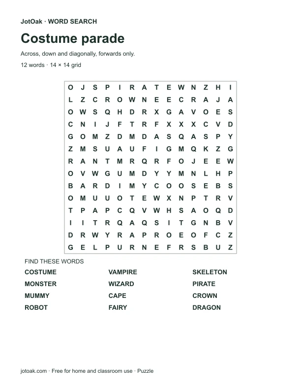 Halloween costume word search with vampire, skeleton, wizard and twelve costume words