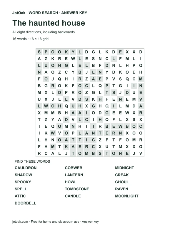 Answer key for The haunted house, with every hidden word shaded