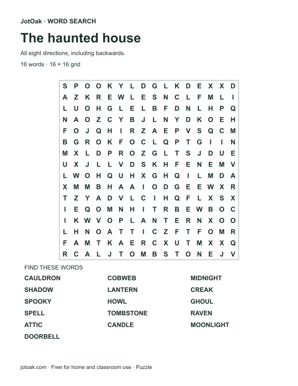 Hard haunted house letter grid with cauldron, cobweb, midnight and sixteen hidden words
