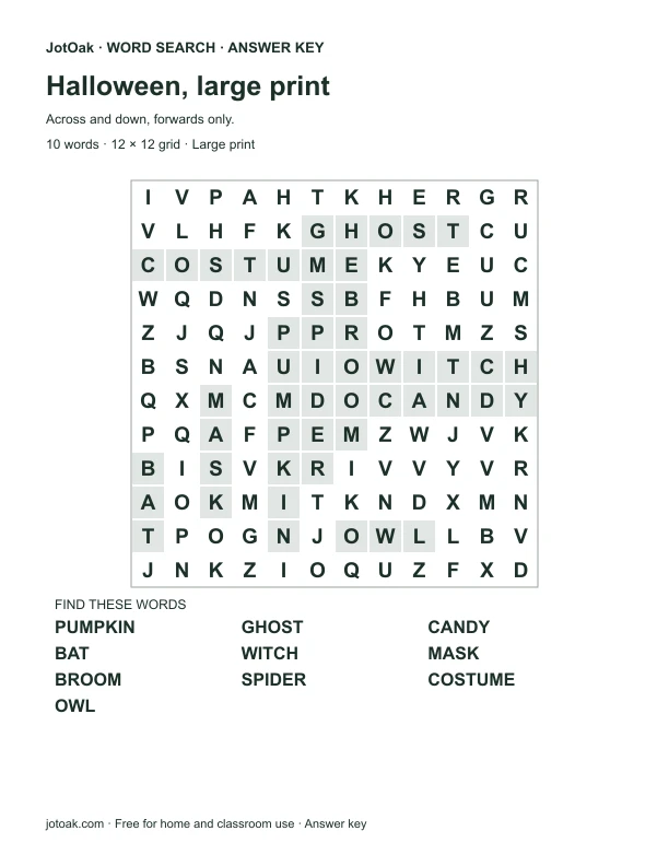 Answer key for Halloween, large print, with every hidden word shaded
