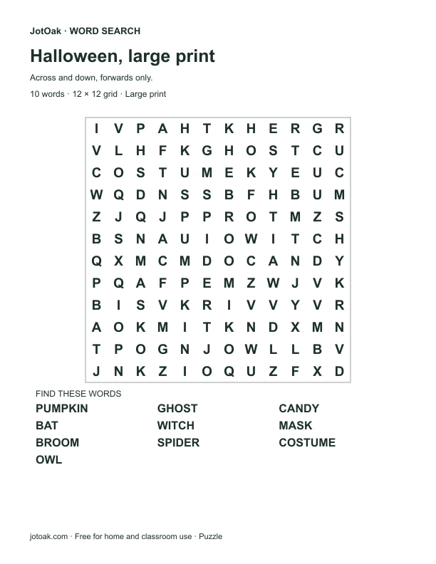 Large print Halloween puzzle with ten words including pumpkin, owl and costume