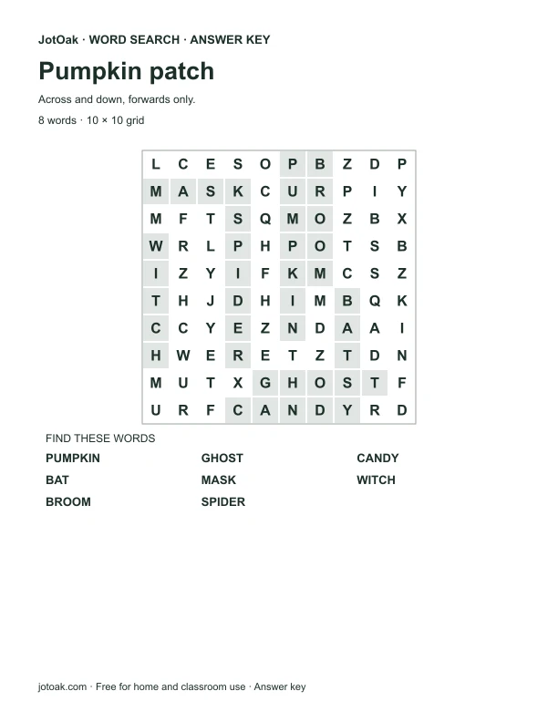 Answer key for Pumpkin patch, with every hidden word shaded