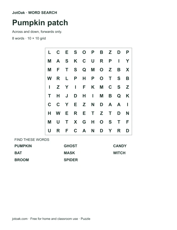 Easy Halloween grid with pumpkin, ghost, candy and eight words hidden across or down