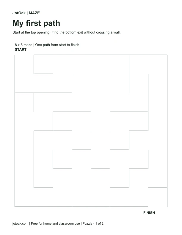 Eight by eight printable maze with a start at the top and exit at the bottom