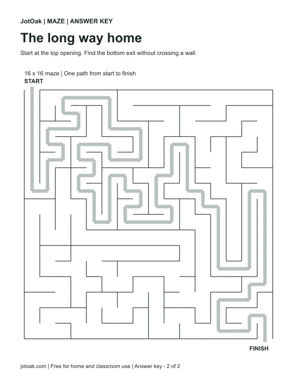Solution for The long way home, showing the path from start to finish