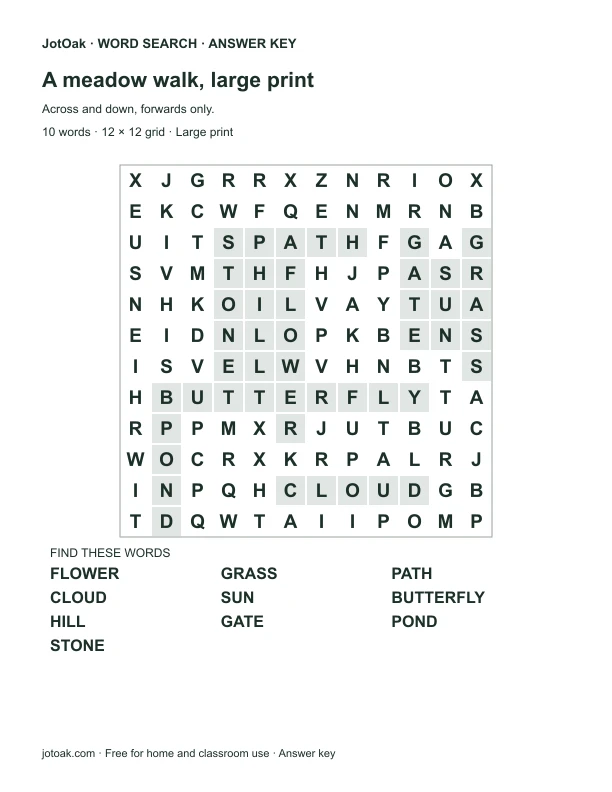 Answer key for A meadow walk, large print, with every hidden word shaded