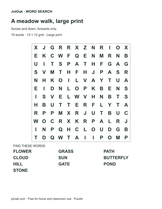 Large print meadow word search with ten words including butterfly, cloud and pond