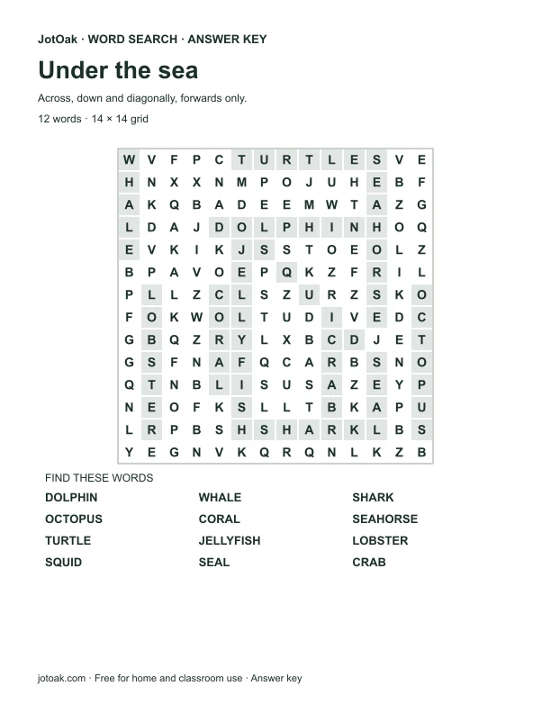 Answer key for Under the sea, with every hidden word shaded