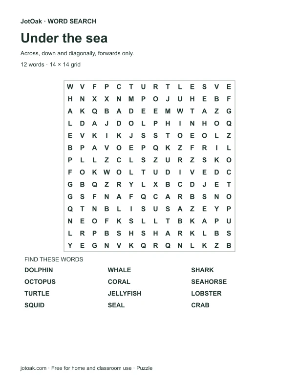 Ocean word search with dolphin, seahorse, jellyfish and other sea life names
