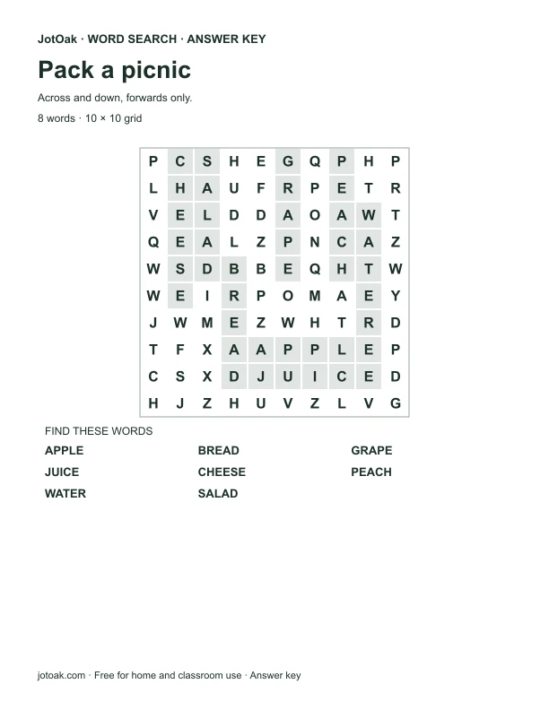 Answer key for Pack a picnic, with every hidden word shaded