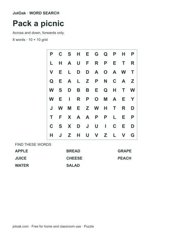 Easy picnic word search with apple, bread, cheese and water in a ten by ten grid