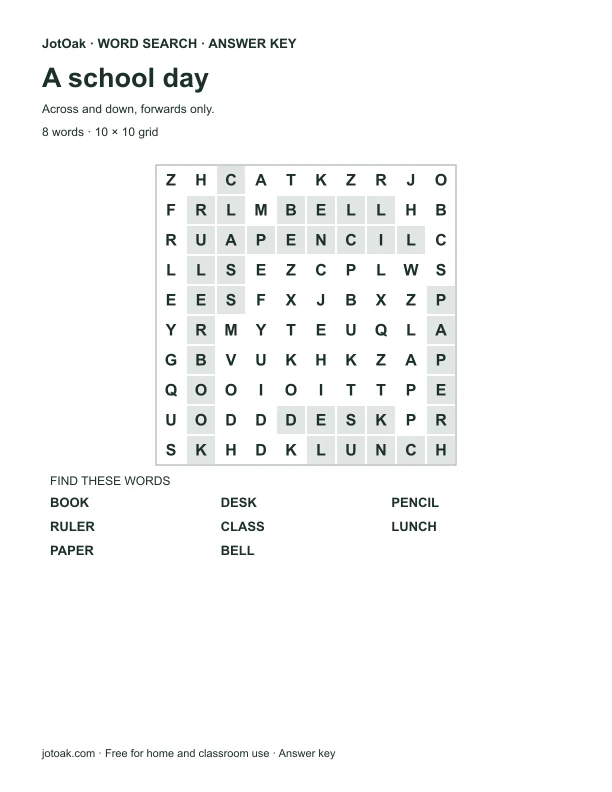 Answer key for A school day, with every hidden word shaded