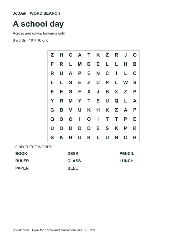 School word search containing book, pencil, ruler and lunch, with eight forward words
