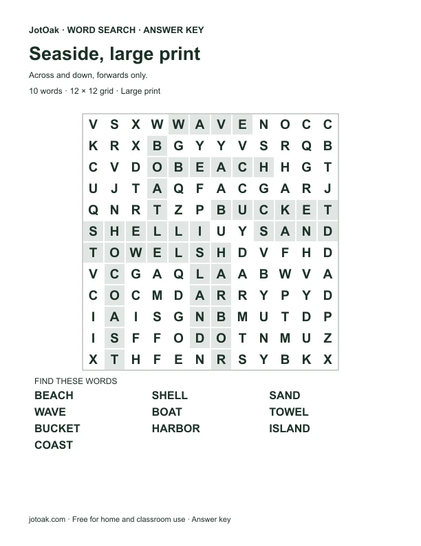 Answer key for Seaside, large print, with every hidden word shaded
