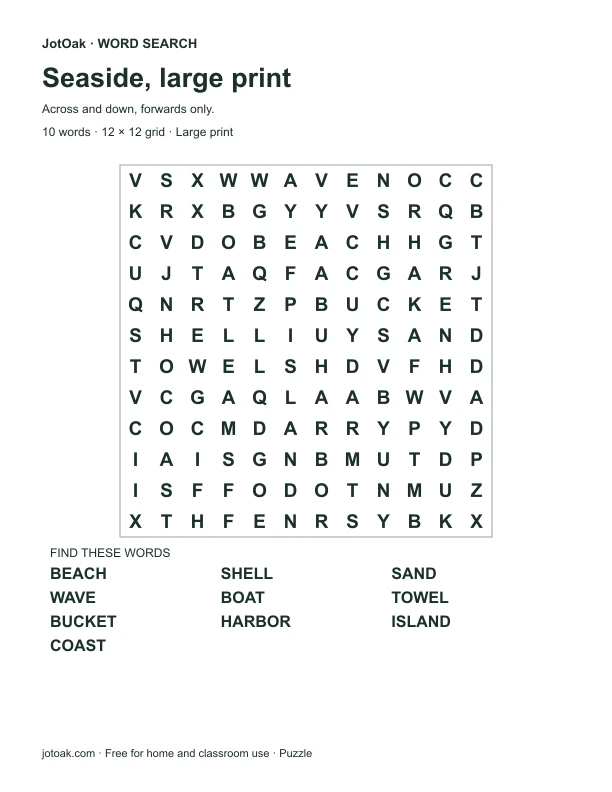 Large letter seaside word search with beach, shell, harbor and ten words