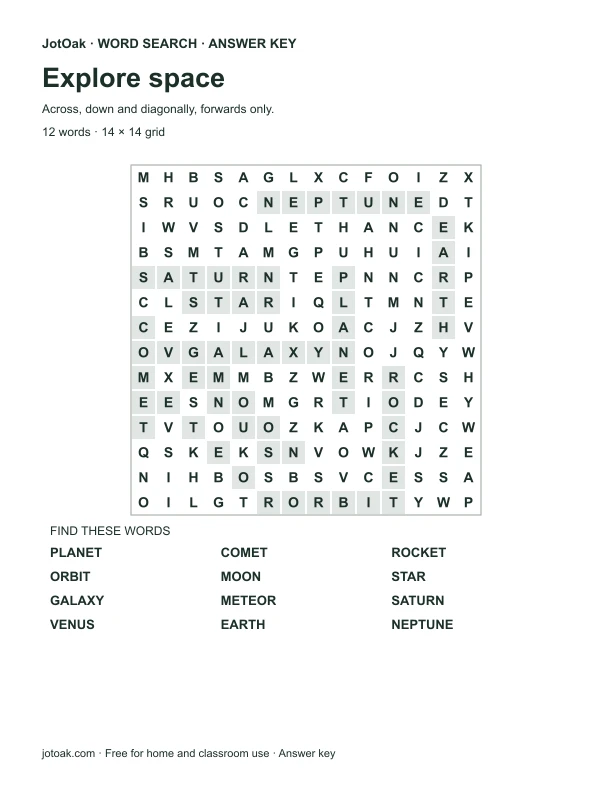 Answer key for Explore space, with every hidden word shaded