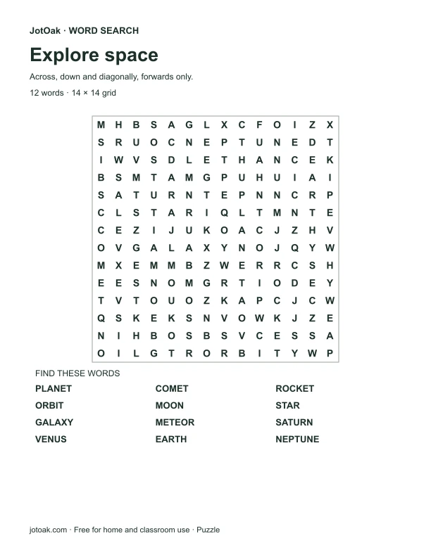 Space vocabulary letter grid with planet, rocket, galaxy and twelve hidden words