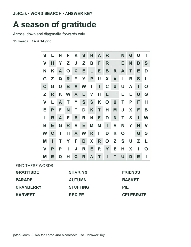 Answer key for A season of gratitude, with every hidden word shaded
