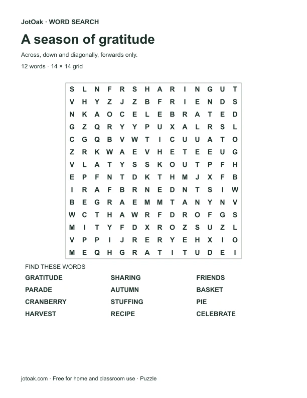 Thanksgiving letter grid with gratitude, sharing and twelve seasonal words