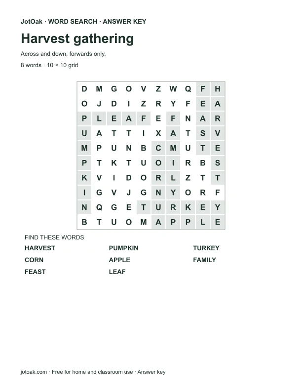 Answer key for Harvest gathering, with every hidden word shaded