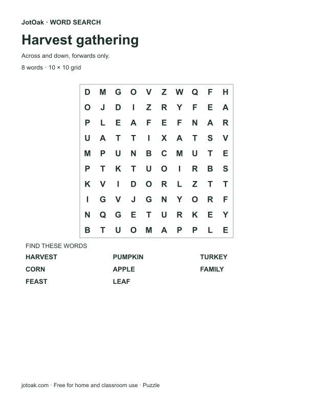 Easy Thanksgiving word search with eight harvest and family words
