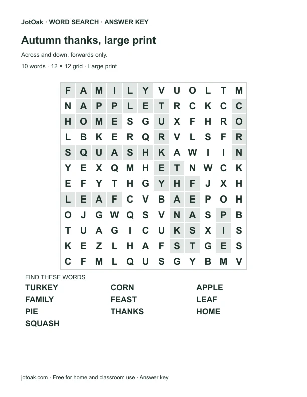 Answer key for Autumn thanks, large print, with every hidden word shaded