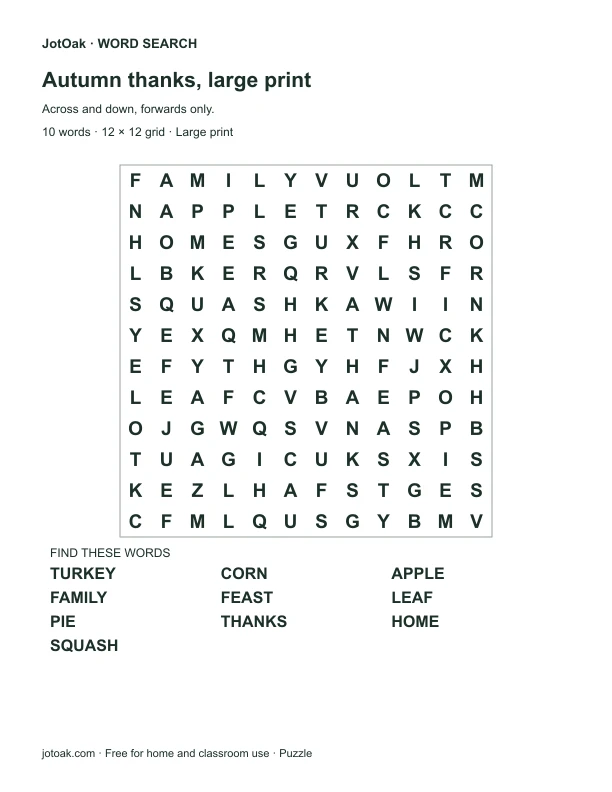 Large print Thanksgiving grid with ten familiar autumn and gathering words