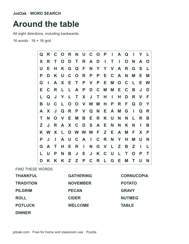 Hard Thanksgiving word search with sixteen words including cornucopia, gathering and tradition
