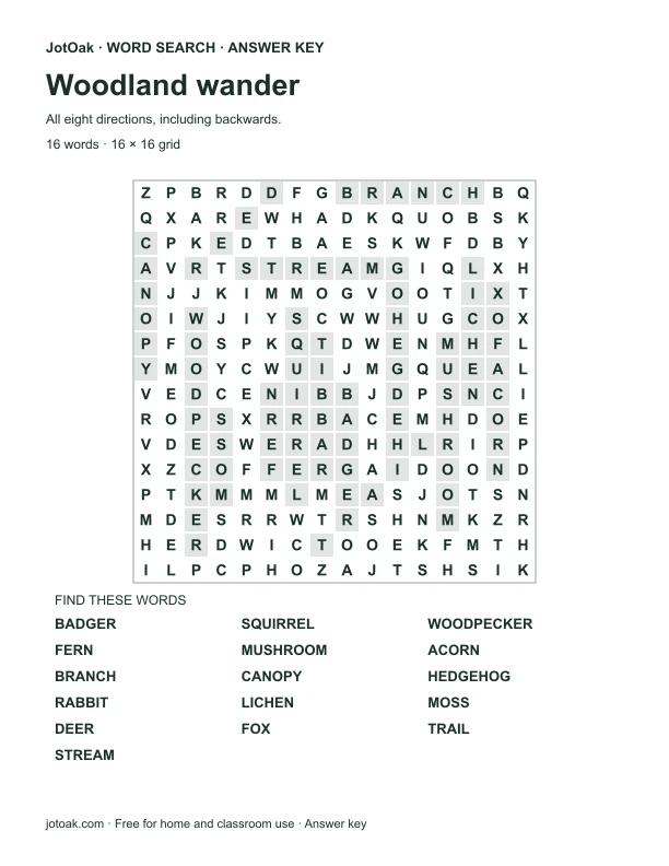 Answer key for Woodland wander, with every hidden word shaded