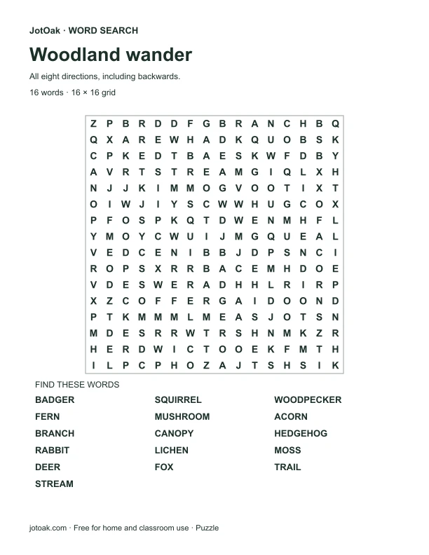 Challenging sixteen by sixteen woodland puzzle with squirrel, woodpecker and mushroom words